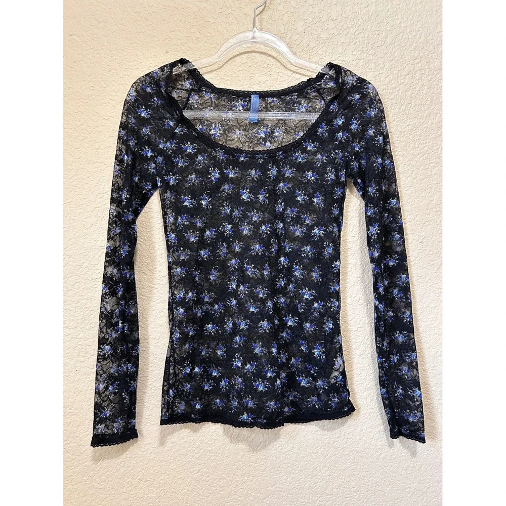 Free People Small Sheer Floral Lace Top Black Scoop Mesh Fairy Goth Lace Dainty